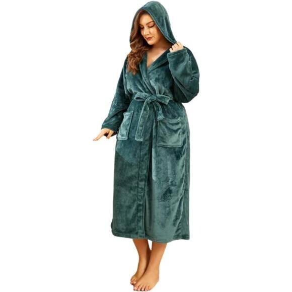 Women Hooded Fleece Robe Green - Picture 1 of 6